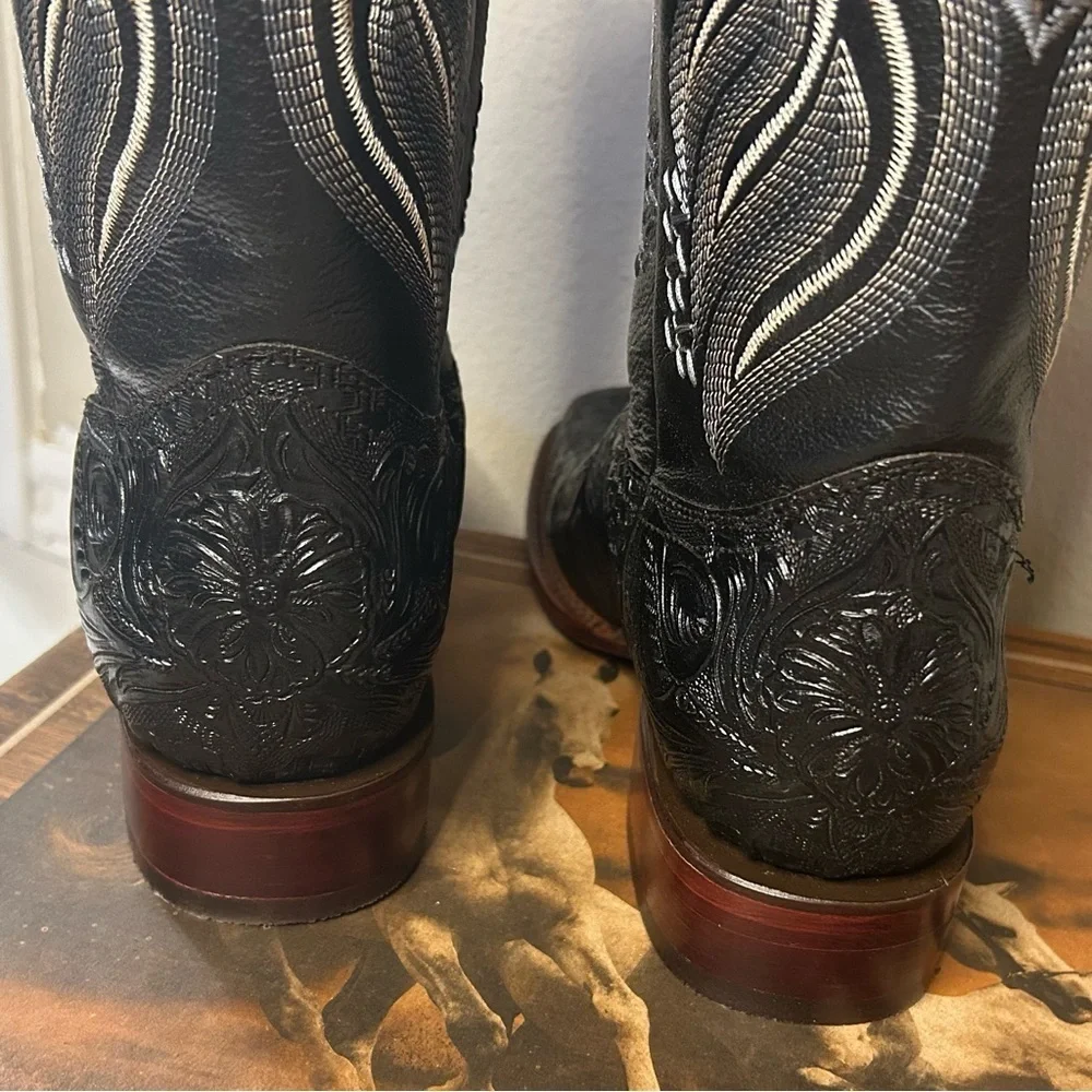 Men's Cowboy Boots Size 10 Black Leather Handmade Intricate Detail Square Toe